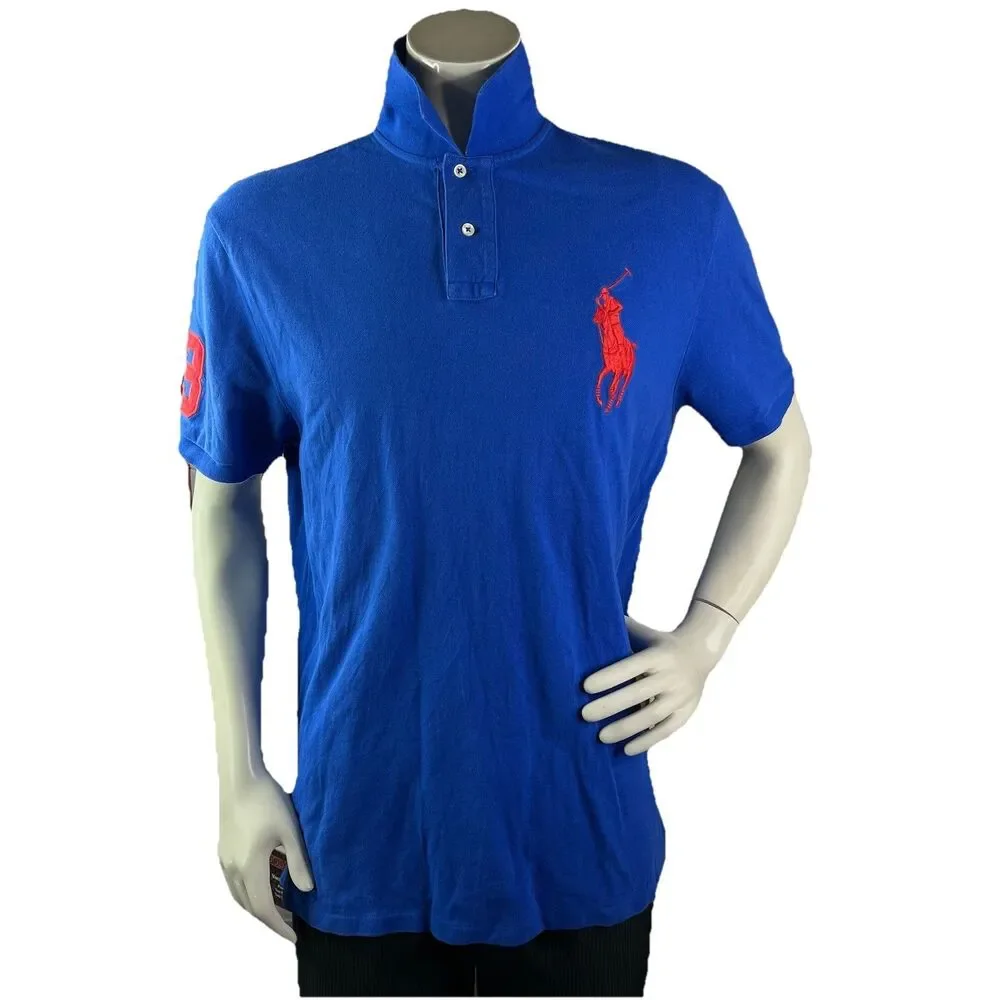 Polo Ralph Lauren Men XL Big Red Pony #3 Blue Short Sleeve Shirt Custom Slim Fit